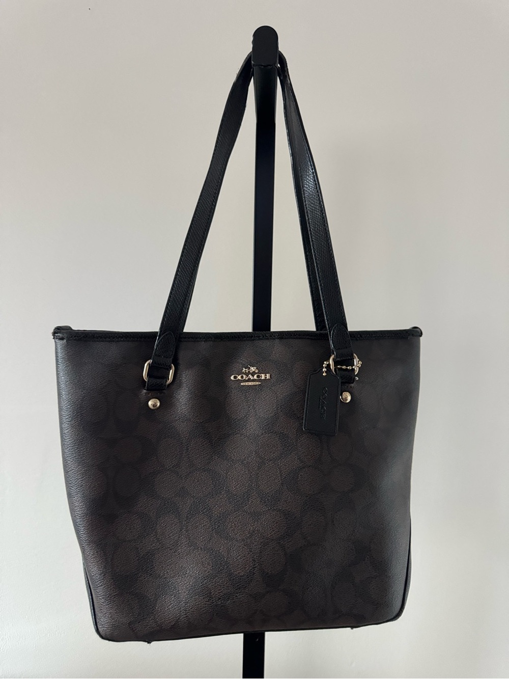 Coach Dark Brown Signature Tote with Black Straps